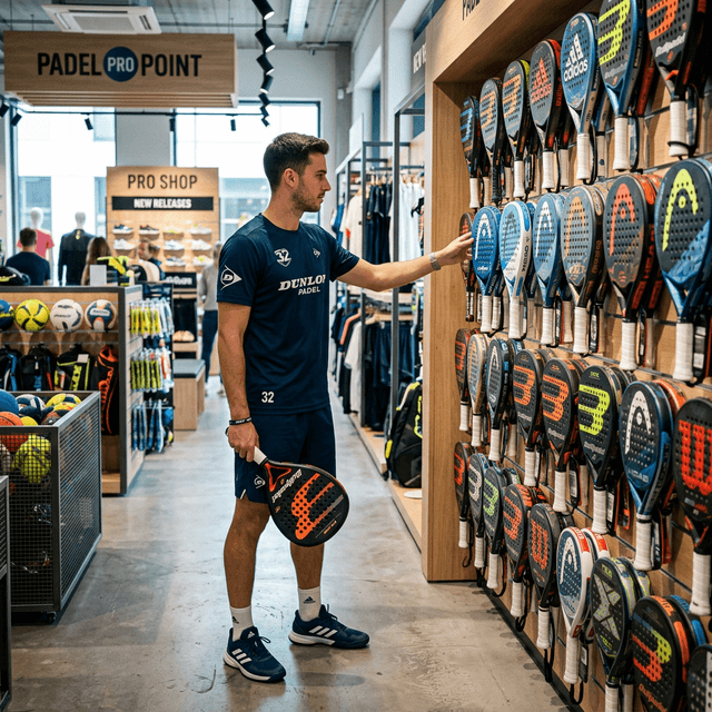 Beginner choosing a padel racket in a shop